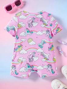 My Little Pony X SHEIN Áo liền quần tay ngắn cổ tròn in hình hoạt hình cho bé gái - Hồng - Xem 2