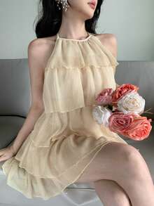Joudiya 米色優雅雪紡迷你洋裝女款，春夏掛脖泡泡裙修身細肩帶洋裝，適合晚餐約會、婚禮、派對與節慶 - 粉色 - 查看 1