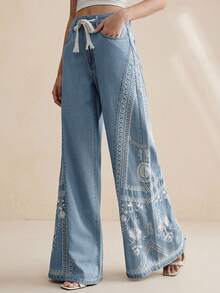 Anewsta Women's Elegant Bohemian Embroidered Blue Wide Leg Casual Pants, Suitable For Spring/Summer, Romantic Party, Vacation - Blue - View 6