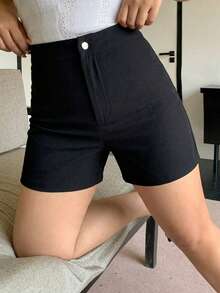 Dazy Plus Plus Size Women's Elastic Waist Solid Color Tight Fitting Shorts, Brown, Spring/Summer Vacation Gym - Black - View 2
