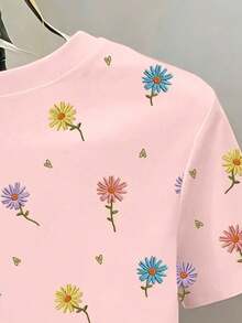 SHEIN 年轻女孩休闲舒适时尚简约创意可爱雏菊印花短袖T恤，全身印花，适合春夏日常穿着。 - 彩色 - 查看 4