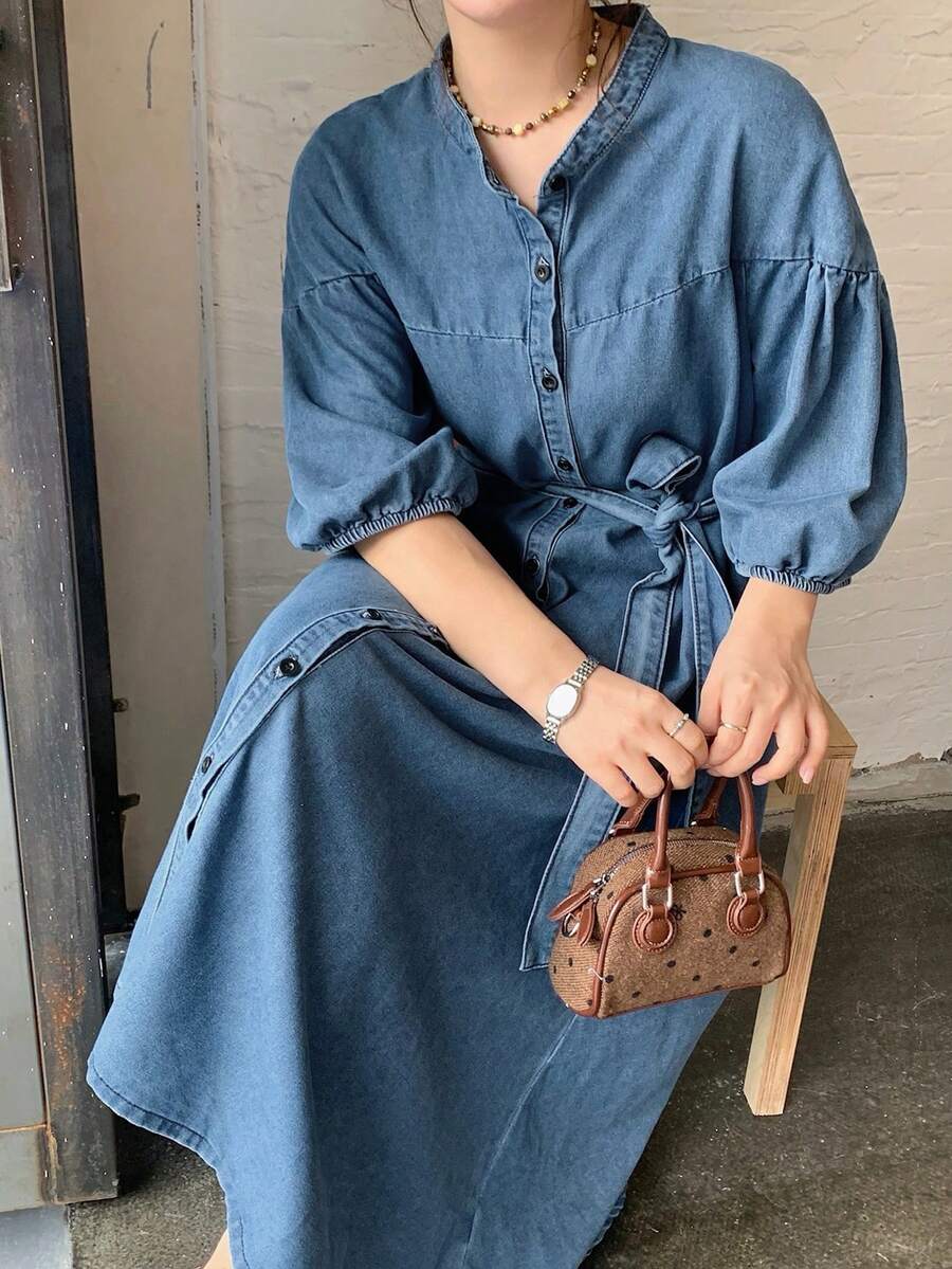 Dazy Plus Dark Washed Blue Lantern Sleeve Midi Denim Dress With Cinched Waist, Casual Style For Spring/Summer - Dark Wash - View 1