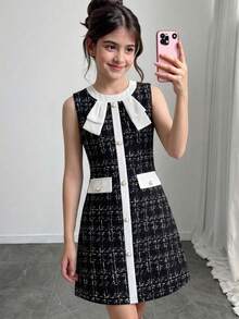 SHEIN Elladie kids 女孩甜美公主风清新可爱黑白撞色圆领短袖中长款薄纱连衣裙，饰有3D白色花朵，适合生日派对、幼儿园、日常外出、家庭聚会等场合。 - 黑色 - 查看 5
