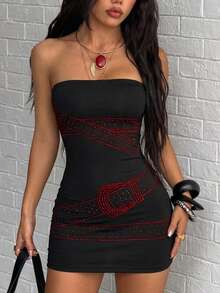 Jeanoix Women's Fashion Rhinestone Sexy Strapless Dress - Black - View 1