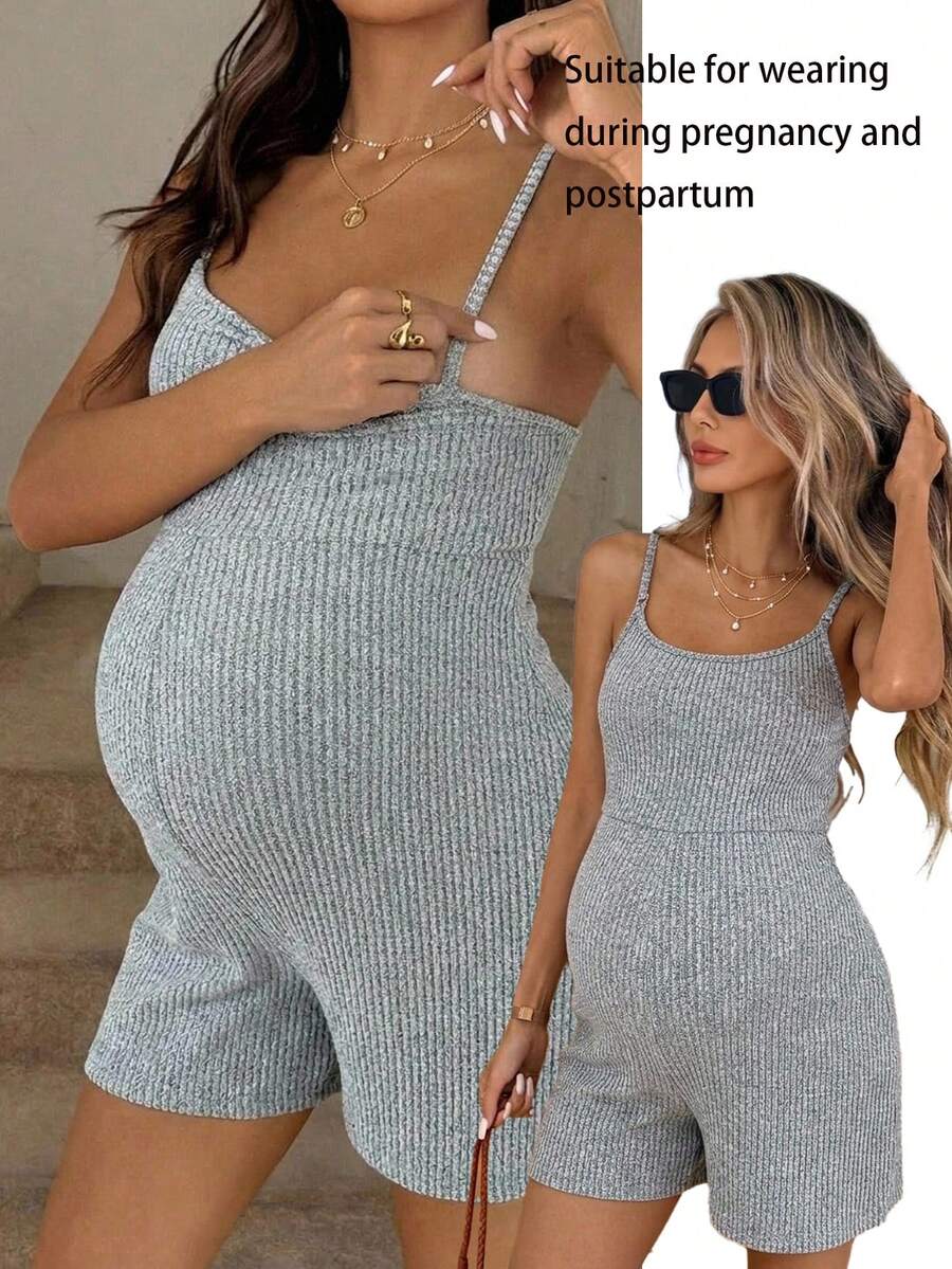 SHEIN Maternity Solid Color Casual Everyday Postpartum Romper Summer - Grey - View 1
