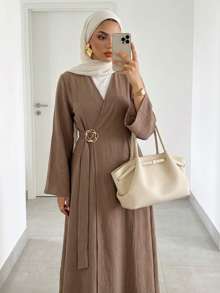 Solavon Áo choàng Abaya kiểu Ả Rập thanh lịch dành cho nữ, kiểu quấn, buộc dây, tay loe.