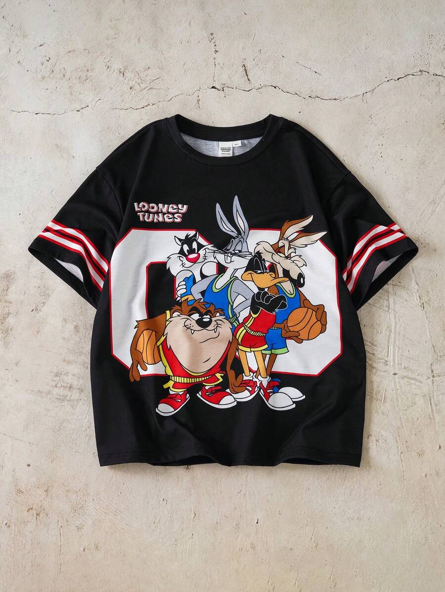 LOONEY TUNES X SHEIN 青少年男童圆领短袖休闲T恤, - 黑色 - 查看 1