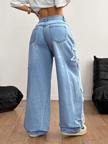 Coolane Quần jeans ống rộng nữ có túi, cài nút, kiểu dáng thường ngày, đa năng, thích hợp mặc hàng ngày. - Rửa trung bình - Xem 6