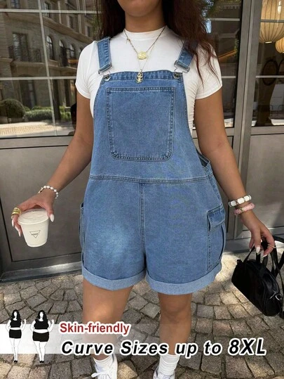SHEIN CURVE+ Plus Size Women's Denim Overall Shorts, Casual Summer Beach & Vacation Elegant Outfits For Women Plus Size Summer Casual Pocket Loose Cuffed Denim Bib Pants, Summer