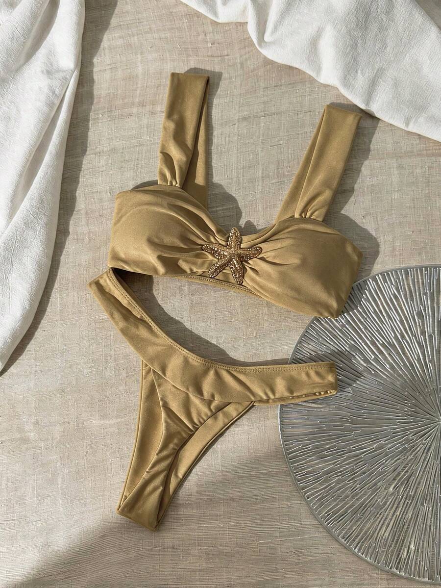 Swim Chiccia 女士纯色粗肩带金属装饰度假泳装套装 - 卡其色 - 查看 1
