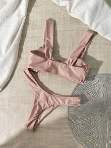 Swim Chiccia Solid Color Metal Decor Strap Vacation Swimwear Set For Women - Pink - View 4