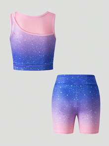 SHEIN Young Girl Contrast Color Round Neck Tank Top And Shorts Sportswear Set - Multicolor - View 2