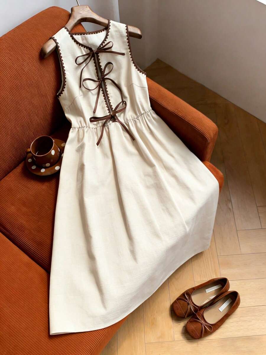 SHEIN Franclia 女士常规款中长连衣裙，领口荷叶边装饰，撞色蝴蝶结系带，松紧腰 - 彩色 - 查看 1