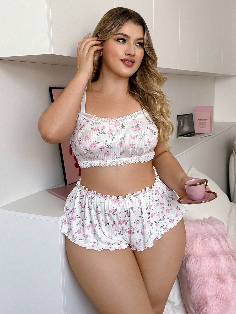 PetitDoll 2 piezas Conjunto de lencería sexy con estampado floral y volantes para mujer de talla grande - Multicolor - Ver 1