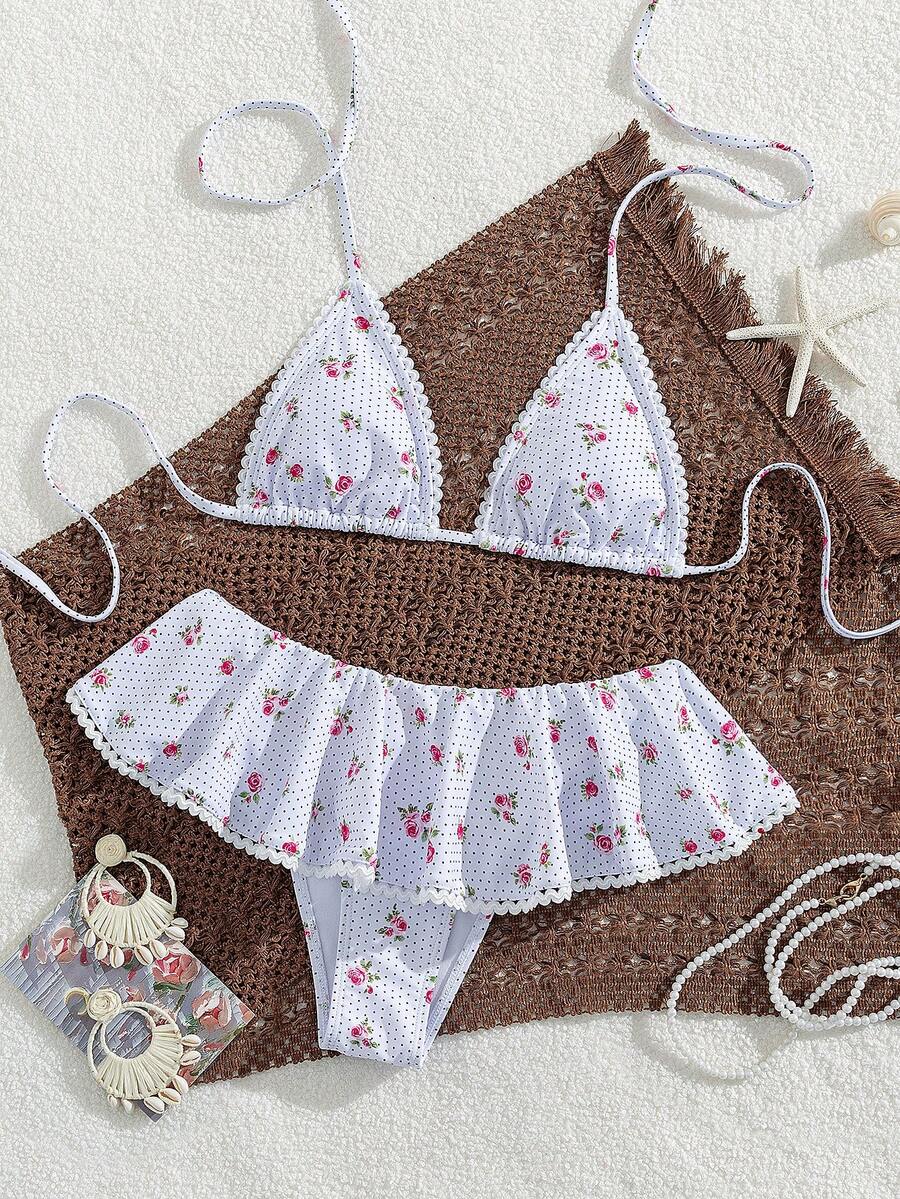 Swim Mod 2件套夏季春假随机印花露背性感优雅度假比基尼套装,适合海滩、泳池派对 - 彩色 - 查看 1
