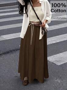 Firerie 女士优雅新款简约休闲通勤杏色亚麻竹编结半身裙 - 棕色 - 查看 3