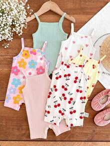 [Random 6pcs,Send 1pc] Baby Girl Cute Summer Strap Romper,Multicolor Cherry Floral Heart Striped Print Pattern,Kawaii Korean Style Family Matching - Multicolor - View 7