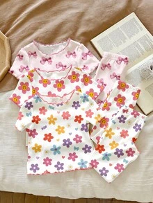 2 Random Sets Baby Girls Summer Outfits,Cute White Floral,Heart,Bow Print Pajama Sets,Holiday Ruffle Trim Nature-Inspired Kawaii Korean Style Clothes - Multicolor - View 2