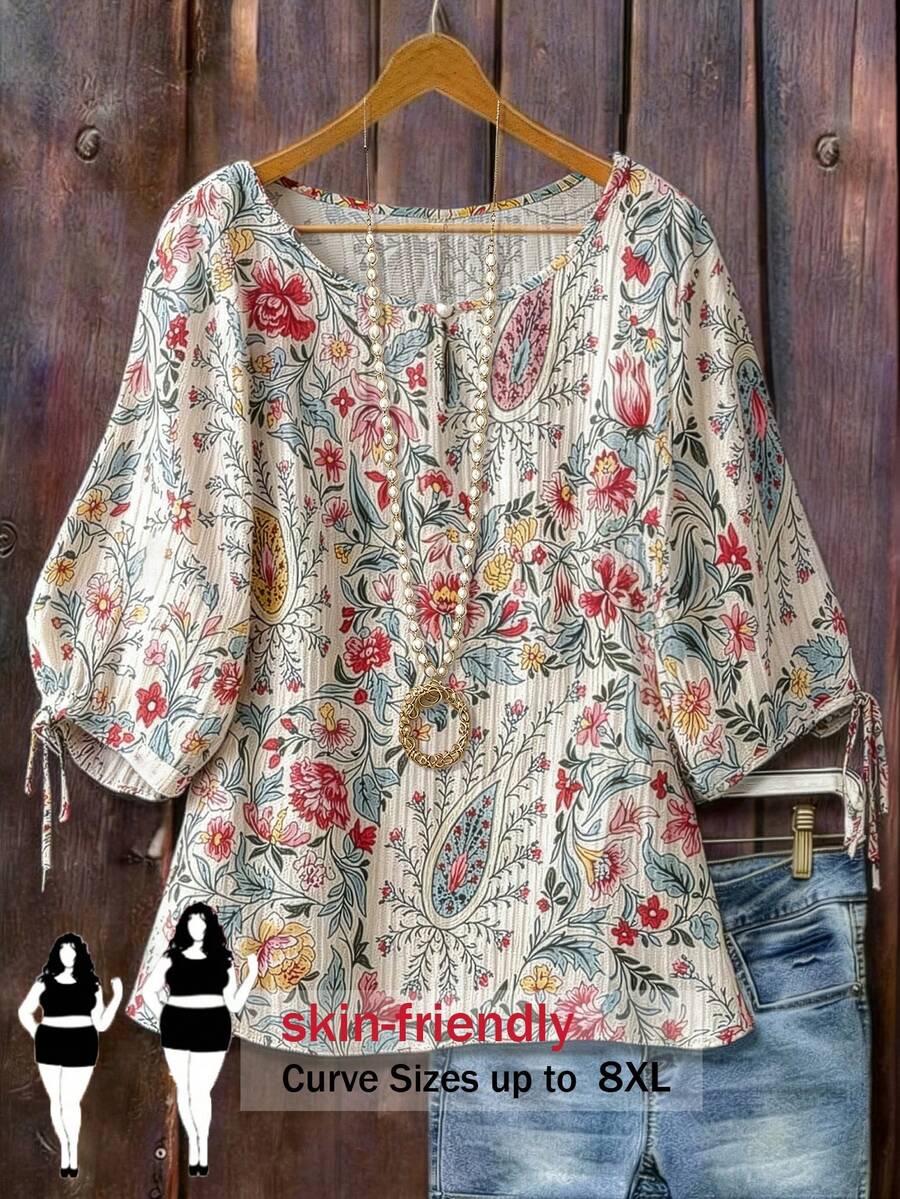 SHEIN CURVE+ Plus Size Ditsy Floral Loose Short Sleeve Shirt, Retro & Gentle - Multicolor - View 1