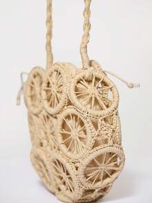 MUSERA Woven Straw Circle Detail Round Lined Cross Body Beach Bag Summer Beach Swim Holiday Vacation Daily Cute - Beige - View 4