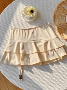 Comfortcana Women's Solid Color Drawstring Design Ruffle Hem Fashionable Skirt Beach White Autumn Cute - Apricot - View 2