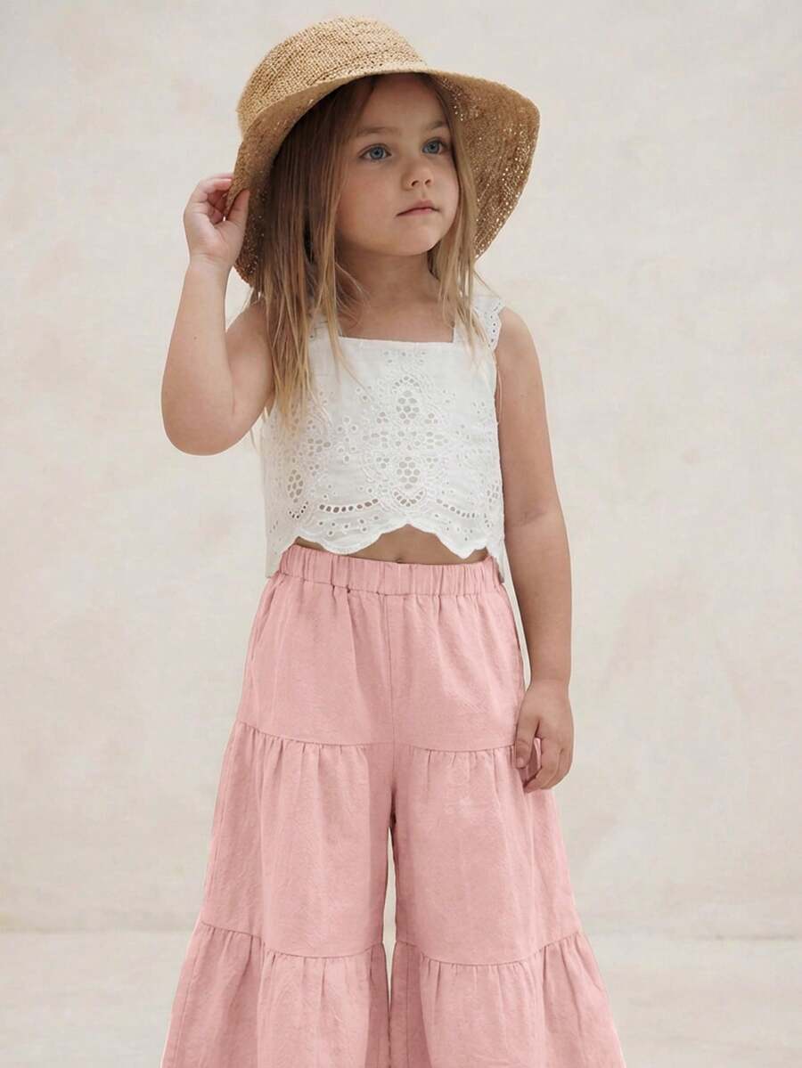 Emery Rose Kids Emery Rose Kids 2件套少女纯色梭织方领荷叶边休闲吊带背心和长裤套装 - 粉色 - 查看 1