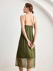 Ocili Bohemian Satin Lace Minimalist Wide Strap Bedroom Camisole & Pants Lace Comfortable Nightgown For Women - Dark Green - View 3