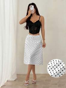 SHEIN PETITE Chân váy chữ A thanh lịch, đa năng, họa tiết chấm bi dành cho nữ. - Đen và trắng - Xem 7