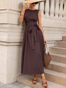 Editum 女士新款优雅束腰显瘦亚麻质感系带口袋连衣裙，适合日常通勤、教师、办公室穿着 - 紫紅色 - 查看 6