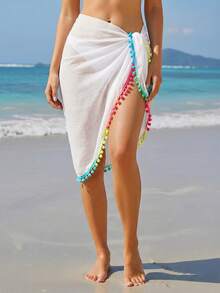 Swim Vcay Vacation Beach Towel, Tassel & Pom Pom Decor Kimono & Skirt, Bohemian Style - White - View 3