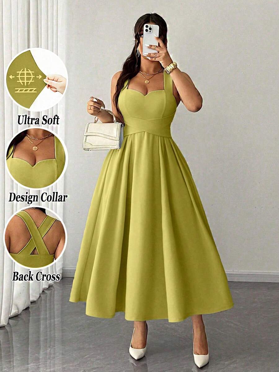 Elenzga Đầm nữ cỡ lớn thanh lịch, màu trơn, chất liệu co giãn cao cấp, dây mảnh, thiết kế buộc eo, nơ thắt lưng, xếp ly, chân váy cỡ lớn, thiết kế đa năng, phù hợp cho tiệc tùng, lễ hội âm nhạc, thường ngày, kỳ nghỉ, hẹn hò buổi tối, ngày Valentine. - Limelight Green - Xem 1