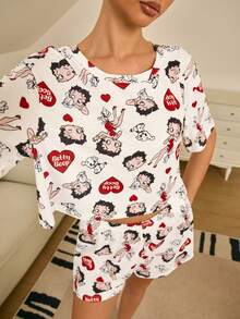 Betty Boop x SHEIN Women's Cartoon Print Short Sleeve T-Shirt And Shorts Pajama Set - White - View 4
