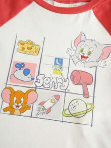 TOM & JERRY X SHEIN 女婴卡通可爱圆领短袖T恤和休闲短裤套装 - 紅白色 - 查看 5