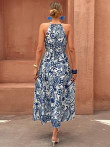 SHEIN LUNE Gaun Maxi A-Line Wanita Elegan Model Halter Neck, Bahu Terbuka, Pinggang Berputar, Motif Colorblock Asimetris untuk Musim Semi/Panas - Biru - View 2