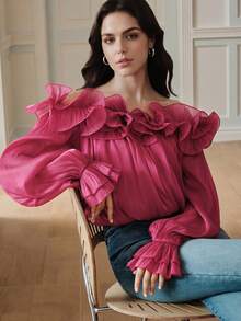 Anewsta Women's New Sexy Off Shoulder Asymmetrical Ruffle Collar Long Sleeve Cropped Top, Suitable For Valentine's Day, Dates, Vacation - Hot Pink - View 3