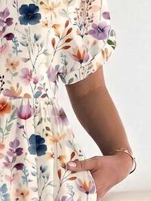 Shapeblank Plus Size Floral Print Dress, Suitable For Summer Holiday Holiday Vacation Beige Cottage Core - Multicolor - View 6