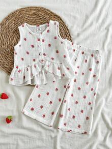 Vintaside Kids 女婴夏季无袖圆领休闲简约草莓数码印花上衣搭配同款草莓数码印花长裤套装，适合外出、散步、旅行、度假和聚会。 - 白色 - 查看 3