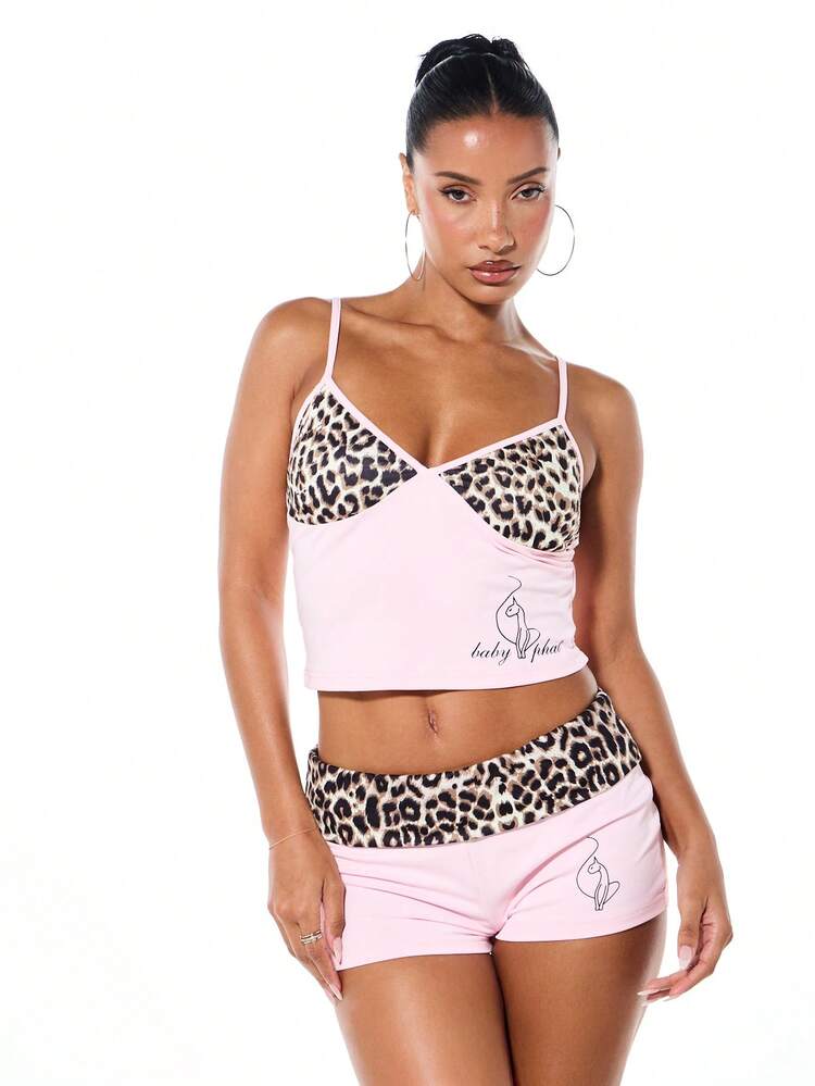 BABYPHAT High Rise Fold Over Waistband Booty Shorts With Contrast Leopard Print Animal Pattern Pink Light Weight Summer Casual