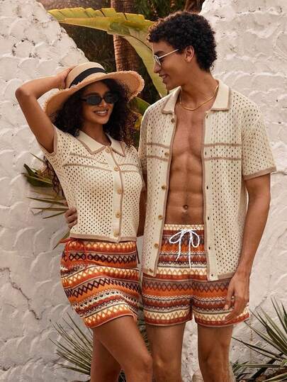 Azuldrift 1pc Men's Summer Beach Vacation Holiday Style Casual Tropical Contrast Trim Mesh Hollow Short Sleeve Knit Top, / / Beach / Hawaii / Tropical / Swim / Bathing Beige