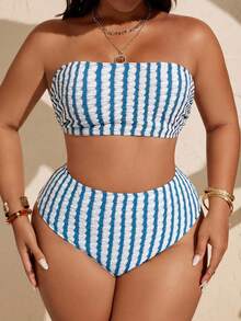 SHEIN Swim Curve Plus Size Women Casual Summer Striped Bikini Set - Multicolor - View 5