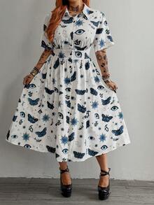 Whyspr Fashionable Shirt Collar Short Sleeve Printed Dress - White - View 3