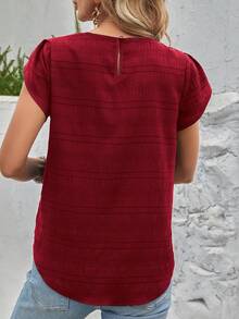 Rusticease Solid Color Petal Sleeve Back Keyhole Blouse,Short Sleeve Tops - Red - View 2