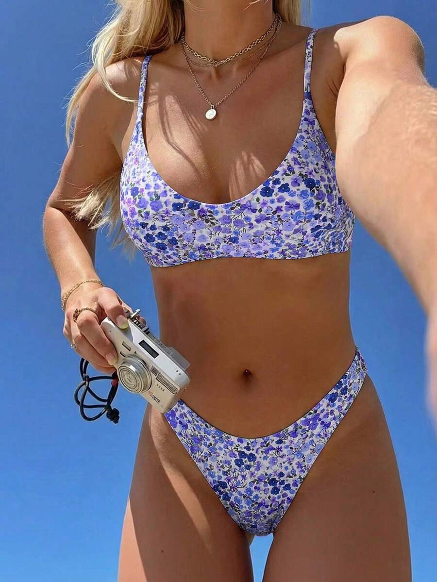 Swim Mod Set de 2 piezas de bikini con estampado floral colorido y aleatorio, lindo para el verano y las vacaciones en la playa - Multicolor - Ver 1