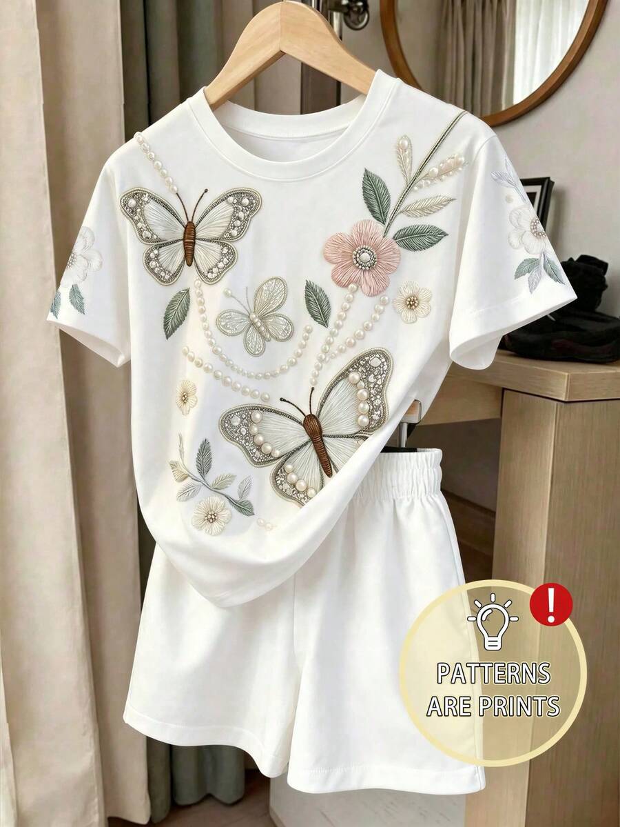 2pcs/Set Teen Girl Casual Loose Round Neck Short Sleeve T-Shirt And Shorts, Suitable For Spring And Summer - White - View 1