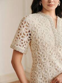 Anewsta Summer French Romantic Elegant High-End Lady-Like Handmade Pearl Embellished Dress Tea Party White Sequin - Apricot - View 6