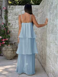Aloruh Gaun Liburan Elegan dengan Hem Berlapis dan Tali Bahu Tipis - Baby Blue - View 2