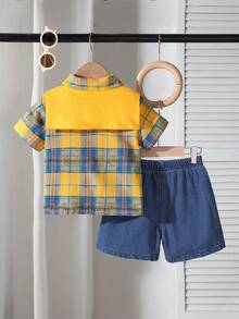 Genkimix Kids Bộ đồ mùa hè cho bé trai, áo sơ mi ngắn tay dáng rộng họa tiết kẻ caro vàng xanh, kèm quần short, thích hợp cho các hoạt động thường ngày, đi học, gặp gỡ bạn bè, giải trí và chụp ảnh. - Nhiều màu - Xem 3