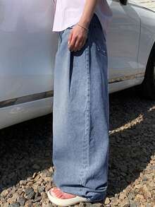 DAZY Quần jeans nữ dáng rộng có túi ống loe phong cách thường ngày cho người thấp bé - Màu xanh lam - Xem 3