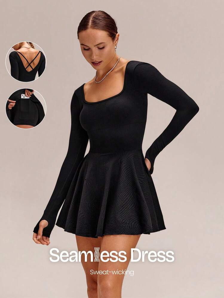 Ultrafine Soft Seamless Square Neck Long Sleeve Crisscross Back Removable Cups Cinched Waist Dual Side Pockets Basque Waist A-Line Dress With Built-In