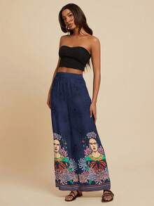 Travachic Frida Kahlo X SHEIN Phong cách nghỉ dưỡng thường ngày: Kết hợp họa tiết vẽ tay hình vẹt, hoa và hình học, quần palazzo ống rộng dành cho nữ, thích hợp cho kỳ nghỉ hè. - Nhiều màu - Xem 3